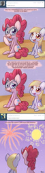 Size: 600x2260 | Tagged: safe, artist:solar-slash, derpy hooves, pinkie pie, pegasus, pony, ask, ask pinkie pie solutions, beach, comic, dreamy, female, fireworks, glasses, mare, tumblr