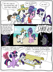 Size: 802x1096 | Tagged: safe, artist:kturtle, derpibooru import, cookie crumbles, hondo flanks, rarity, twilight sparkle, pony, unicorn, beach, bench, clipboard, clothes, comic, cookieflanks, descriptive noise, dialogue, glasses, hair bun, hat, magic, meme, nudity, park bench, quill, rarity's parents, slideshow, straw hat, telekinesis, we don't normally wear clothes