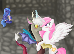 Size: 1024x747 | Tagged: safe, artist:dalilastar, discord, princess celestia, princess luna, alicorn, pony, dislestia, doll, female, kissing, male, pink-mane celestia, shipper on deck, shipping, straight, voodoo doll, younger