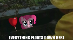 Size: 600x336 | Tagged: safe, artist:ratwhiskers, pinkie pie, pony, adoracreepy, balloon, caption, creepy, cute, grin, it, parody, pennywise, reference, smiling, stephen king, storm drain