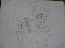 Size: 1024x768 | Tagged: safe, artist:brandonale, derpibooru import, rainbow dash, equestria girls, crossover, female, happy valentines day, heart, holiday, interspecies, male, shipping, sonic the hedgehog, sonic the hedgehog (series), sonicdash, straight, traditional art, valentine's day