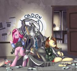 Size: 1250x1153 | Tagged: safe, artist:siberwar, pinkie pie, oc, bat pony, earth pony, pony, bandage, bipedal, blood, clothes, female, gun, killing floor, mare, parody, pinkamena diane pie, scythe, sword, weapon