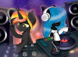 Size: 5787x4224 | Tagged: safe, artist:janelearts, oc, oc only, earth pony, pony, unicorn, female, headphones, male, mare, stallion, turntable