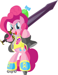 Size: 2199x2829 | Tagged: safe, artist:piterq12, pinkie pie, earth pony, pony, beanie, clothes, hat, jacket, roller skates, solo, sword, t-shirt