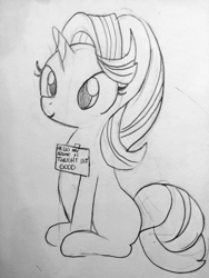 Size: 1440x1920 | Tagged: safe, artist:tjpones, starlight glimmer, pony, unicorn, black and white, blatant lies, female, grayscale, lineart, mare, monochrome, solo, traditional art