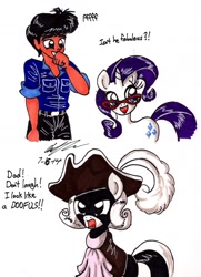 Size: 1189x1639 | Tagged: safe, artist:newyorkx3, rarity, oc, oc:tommy, oc:tommy junior, earth pony, human, pony, unicorn, equestria girls, father, female, hat, laughing, male, mare, non-mlp oc, outfit, self insert, signature, smiling, son, text, traditional art, wig