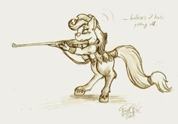 Size: 959x666 | Tagged: safe, artist:foxofwar, applejack, anthro, unguligrade anthro, glasses, gun, monochrome, solo, traditional art, unshorn fetlocks, weapon