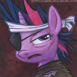 Size: 400x400 | Tagged: safe, artist:kenket, artist:spainfischer, derpibooru import, twilight sparkle, pony, unicorn, bust, eyepatch, female, frown, future twilight, glare, lidded eyes, looking back, looking up, mare, scar, solo, traditional art