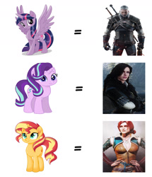 Size: 1550x1800 | Tagged: safe, starlight glimmer, sunset shimmer, twilight sparkle, twilight sparkle (alicorn), alicorn, pony, unicorn, comparison, geralt of rivia, the witcher, triss merigold, yennefer of vengerberg