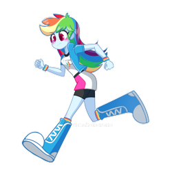 Size: 1024x1024 | Tagged: safe, artist:riouku, derpibooru import, rainbow dash, equestria girls, big feet, blushing, boots, clothes, commission, compression shorts, cute, female, fist, foot growth, looking down, moe, running, shorts, simple background, skirt, socks, solo, transparent background, wristband