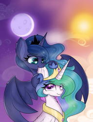 Size: 4669x6101 | Tagged: safe, alternate version, artist:janelearts, princess celestia, princess luna, alicorn, pony, absurd resolution, biting, commission, cute, cutelestia, duo, ear bite, ear fluff, female, looking at each other, looking up, lunabetes, mare, nom, one eye closed, royal sisters, siblings, sisters, smiling, spread wings, transparent mane, wings