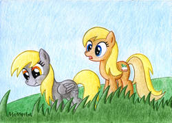 Size: 1721x1240 | Tagged: safe, artist:legeden, apple cobbler, derpy hooves, pegasus, pony, :t, apple family member, eating, female, grass, grazing, herbivore, horses doing horse things, mare, newbie artist training grounds, open mouth, smiling, traditional art, underp
