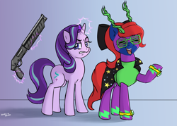 Size: 1500x1072 | Tagged: safe, artist:hardbrony, starlight glimmer, oc, oc:clusterfuck, pony, unicorn, glowing horn, gun, shotgun, this will end in death, totally legit recap, weapon, wrong magic color