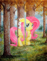 Size: 1024x1314 | Tagged: safe, artist:recycledrapunzel, angel bunny, fluttershy, pegasus, pony, fine art parody, horse and rider, parody, rené magritte, riding, surreal, traditional art