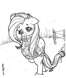 Size: 851x1000 | Tagged: safe, artist:abronyaccount, fluttershy, pegasus, pony, bipedal, bottomless, clothes, lineart, monochrome, partial nudity, snow, snowfall, solo, sweater, sweatershy