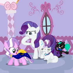 Size: 1950x1950 | Tagged: safe, artist:magerblutooth, diamond tiara, opalescence, rarity, oc, oc:dazzle, cat, pony, unicorn