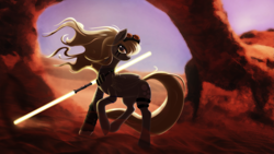 Size: 3295x1854 | Tagged: safe, artist:shaadorian, derpy hooves, pegasus, pony, badass, crossover, double lightsaber, epic derpy, female, goggles, jedi, lightsaber, mare, solo, star wars, weapon, windswept mane