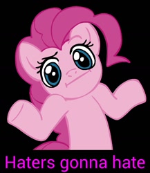 Size: 945x1090 | Tagged: safe, pinkie pie, earth pony, pony, female, image macro, mare, pink coat, pink mane, shrug, solo