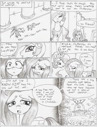 Size: 977x1272 | Tagged: safe, artist:joelashimself, fluttershy, princess celestia, alicorn, pegasus, pony, comic, monochrome, the forgotten element