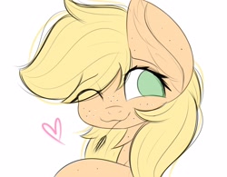 Size: 2560x1998 | Tagged: safe, artist:janelearts, applejack, earth pony, pony, cute, ear freckles, female, floating heart, freckles, heart, jackabetes, mare, no pupils, one eye closed, simple background, sketch, solo, white background
