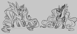 Size: 1200x530 | Tagged: safe, artist:egophiliac, princess celestia, princess luna, alicorn, pony, bedroom eyes, fancy, jewelry, looking at you, monochrome, sketch, smiling, spread wings