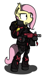 Size: 1300x2200 | Tagged: safe, artist:kippzu, fluttershy, bat pony, pony, /mlp/, bat ponified, bipedal, blood angels, bolter, crossover, death company, drawfag, drawfriend, drawthread, flutterbat, gun, ponified, power armor, powered exoskeleton, race swap, solo, space marine, warhammer (game), warhammer 40k, weapon