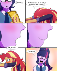 Size: 1000x1250 | Tagged: safe, artist:jase1505, artist:sunlight-mlp, sci-twi, sunset shimmer, twilight sparkle, comic:night at the gala, series:sunlight horizons, equestria girls, clothes, comic, female, gala ticket, lesbian, scitwishimmer, shipping, sunsetsparkle