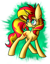 Size: 1255x1603 | Tagged: safe, artist:nekro-led, sunset shimmer, pony, unicorn, abstract background, backwards cutie mark, cutie mark, smiling