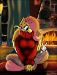 Size: 2005x2607 | Tagged: safe, artist:somnias, angel bunny, fluttershy, anthro, breasts, clothes, female, fire, hootershy, snow, socks, sweater, sweatershy, winter