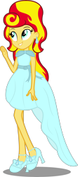 Size: 3510x7870 | Tagged: safe, artist:atomicmillennial, sunset shimmer, equestria girls, absurd resolution, alternate hairstyle, clothes, dress, ear piercing, earring, high heels, piercing, shoes, simple background, smiling, solo, transparent background