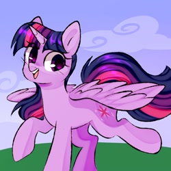 Size: 1000x1000 | Tagged: safe, artist:thieftea, twilight sparkle, twilight sparkle (alicorn), alicorn, pony, cute, female, happy, mare, open mouth, raised leg, solo, spread wings, twiabetes, wings