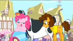 Size: 1366x768 | Tagged: safe, cheese sandwich, pinkie pie, cow, earth pony, pony, pinkie pride, partillery, party cannon, udder