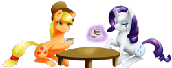 Size: 1899x750 | Tagged: safe, artist:rrdz, applejack, rarity, earth pony, pony, unicorn, hat, monocle, tea, teacup