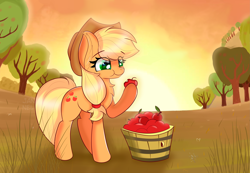 Size: 5787x3996 | Tagged: safe, artist:janelearts, applejack, earth pony, pony, apple, apple tree, chest fluff, cute, ear fluff, eating, food, herbivore, jackabetes, solo, sunset, sweet apple acres, tree