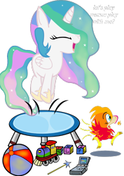 Size: 595x842 | Tagged: safe, artist:paperlover, philomena, princess celestia, alicorn, pony, ball, blank flank, cute, cutelestia, gameboy advance sp, simple background, toy, train, trampoline, transparent background, wand, younger