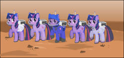 Size: 2297x1080 | Tagged: safe, artist:eagle1division, derpibooru import, twilight sparkle, unicorn twilight, unicorn, astronaut, blushing, diaper, engineering, female, floppy ears, mag, mare, mars, saddle bag, science, smiling, solo, space, spacesuit