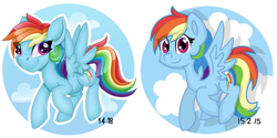 Size: 4000x2000 | Tagged: safe, artist:partylikeanartist, derpibooru import, rainbow dash, pegasus, pony, comparison, flying, heart eyes, high res, looking away, redraw, reversed colors, simple background, solo, starry eyes, sticker, wingding eyes