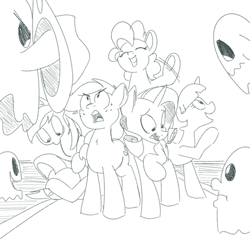 Size: 700x700 | Tagged: safe, artist:goat train, derpibooru import, applejack, fluttershy, pinkie pie, rainbow dash, rarity, twilight sparkle, earth pony, ghost, pegasus, pony, unicorn, angry, mane six, mlpgdraws, monochrome, scared, waving