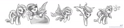 Size: 2200x500 | Tagged: safe, artist:kp-shadowsquirrel, fluttershy, bat pony, pony, bats!, apple, fangs, flutterbat, flying, giant apple, licking lips, monochrome, race swap, sketch, sketch dump