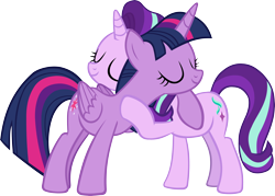 Size: 4868x3478 | Tagged: safe, artist:ironm17, starlight glimmer, twilight sparkle, twilight sparkle (alicorn), alicorn, pony, unicorn, school daze, duo, duo female, eyes closed, female, hug, mare, simple background, smiling, transparent background, vector