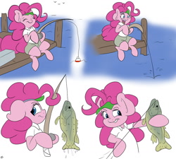 Size: 1280x1152 | Tagged: safe, artist:wazzart, pinkie pie, earth pony, fish, pony, clothes, explicit source, fishing, fishing rod