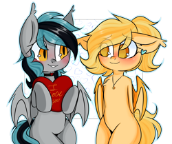 Size: 2316x1934 | Tagged: safe, artist:thieftea, oc, oc only, oc:greycedar, oc:pudding, bat pony, couple, jewelry, love, necklace, simple background, transparent background