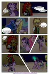 Size: 1200x1800 | Tagged: safe, artist:yogfan, applejack, pinkie pie, princess celestia, princess luna, starlight glimmer, alicorn, pony, unicorn, comic:but i do now, equestria girls, clothes, comic, crossover, equestria girls-ified, ganondorf, hylian, link, the legend of zelda