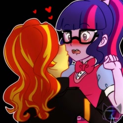 Size: 800x800 | Tagged: safe, artist:ponyprincessgirl100, sci-twi, sunset shimmer, twilight sparkle, equestria girls, blushing, clothes, cute, female, glasses, heart, imminent kissing, jacket, leather jacket, lesbian, open mouth, scitwishimmer, shipping, sunsetsparkle, twiabetes