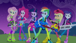 Size: 1904x1064 | Tagged: safe, derpibooru import, screencap, applejack, fluttershy, pinkie pie, rainbow dash, rarity, twilight sparkle, twilight sparkle (alicorn), alicorn, equestria girls, rainbow rocks, clothes, mane six, pantyhose, the rainbooms