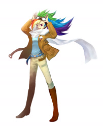 Size: 1944x2392 | Tagged: safe, artist:nagai13, derpibooru import, rainbow dash, human, bomber jacket, boots, clothes, female, goggles, humanized, jacket, scarf, shoes, simple background, solo, white background