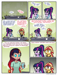 Size: 752x976 | Tagged: safe, artist:crydius, sci-twi, sunset shimmer, twilight sparkle, oc, oc:gamma, equestria girls, android, bed hair, clothes, comic, female, gradient hair, lab coat, lesbian, magical lesbian spawn, meet gamma, offspring, parent:sci-twi, parent:sunset shimmer, parent:twilight sparkle, parents:scitwishimmer, parents:sunsetsparkle, scientific lesbian spawn, scitwishimmer, shipping, sunsetsparkle