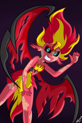 Size: 1024x1536 | Tagged: safe, artist:wubcakeva, sunset satan, sunset shimmer, equestria girls, clothes, dress, evil, evil grin, female, grin, looking at you, simple background, smiling, solo