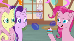 Size: 1920x1080 | Tagged: safe, artist:xxxamychanxxx, fluttershy, pinkie pie, starlight glimmer, twilight sparkle, earth pony, pegasus, pony, unicorn, balloon, cupcake, food, sugarcube corner