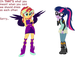 Size: 6734x5072 | Tagged: safe, artist:sonofaskywalker, midnight sparkle, sci-twi, sunset shimmer, twilight sparkle, equestria girls, absurd resolution, amused, bare shoulders, clothes, clothes swap, cosplay, costume, dialogue, embarrassed, sleeveless, strapless